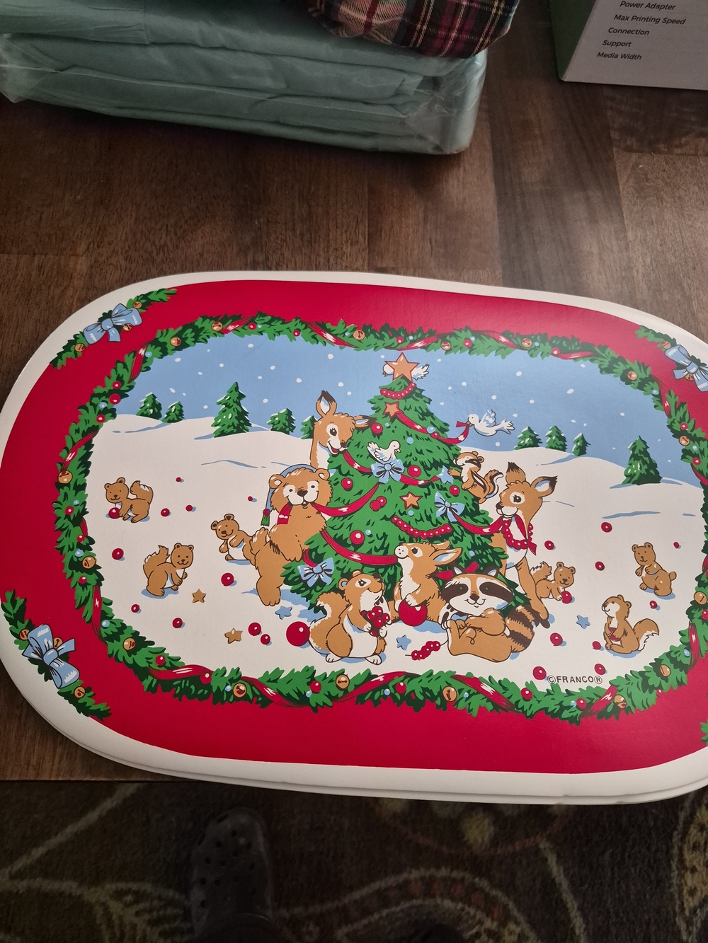 Festive Red Woodland Animals Holiday Set Of 6 Vintage Vinyl Placemats by Franco
